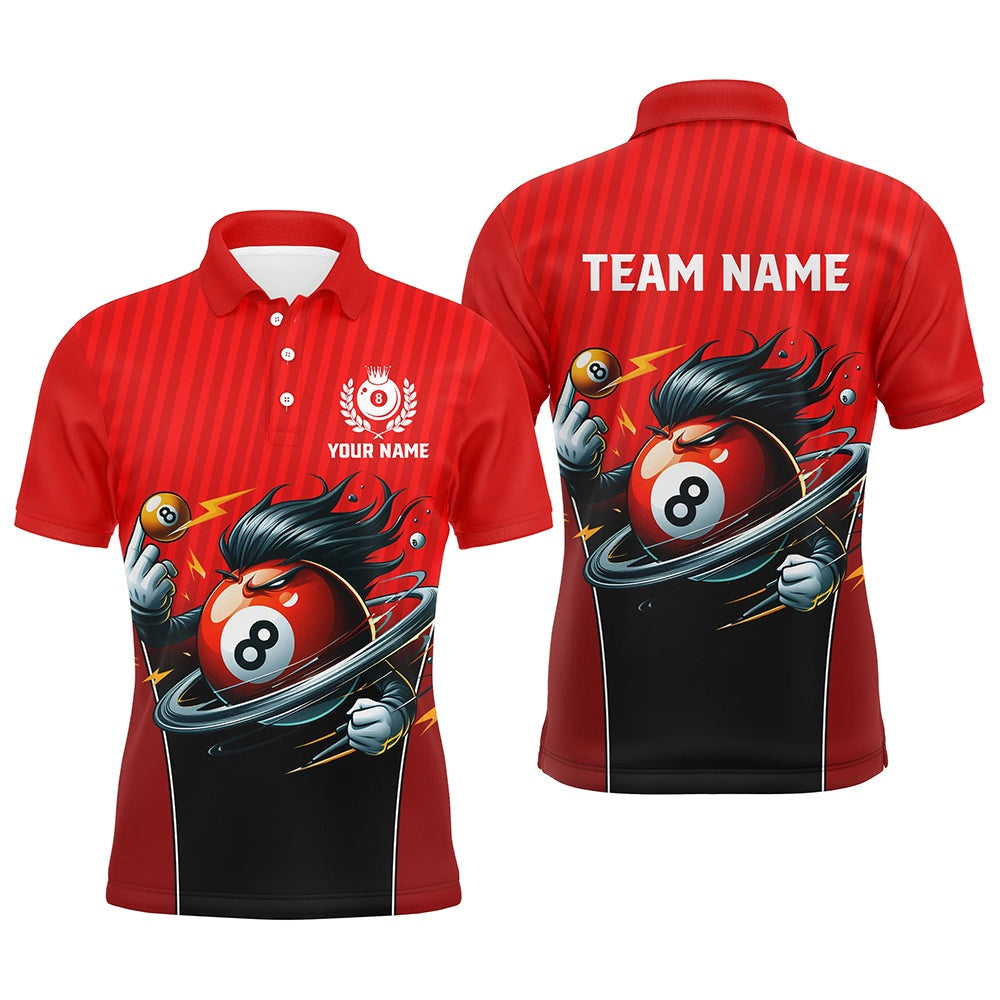 Billiard Polo Shirts, Personalized Red Billiard 8 Ball Funny Cartoon Polo Shirts Custom Pool Billiard Shirts Funny, Billiards Team Shirts