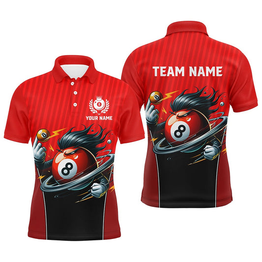 Billiard Polo Shirts, Personalized Red Billiard 8 Ball Funny Cartoon Polo Shirts Custom Pool Billiard Shirts Funny, Billiards Team Shirts