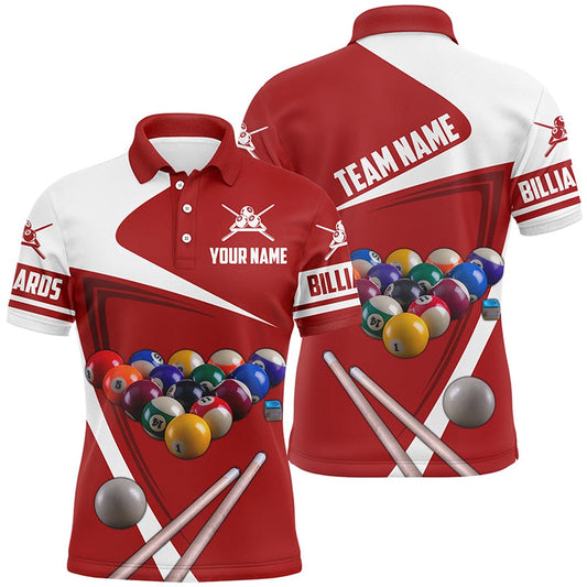 Billiard Polo Shirts, Personalized Red Billiard And Cue 3D Printed Polo Shirts Custom Billiard Team Uniform Shirts, Billiards Team Shirts