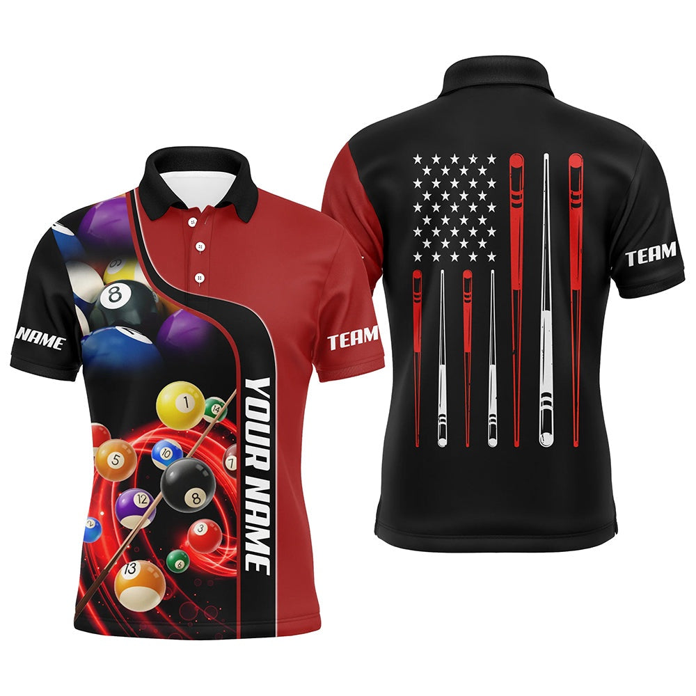 Billiard Polo Shirts, Personalized Red Billiard Balls 3D Polo Shirts Custom US Flag Sticks Billiard Team Shirts, Billiards Team Shirts