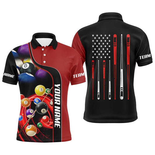Billiard Polo Shirts, Personalized Red Billiard Balls 3D Polo Shirts Custom US Flag Sticks Billiard Team Shirts, Billiards Team Shirts