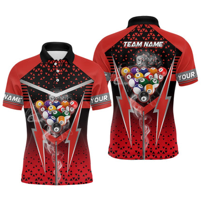 Billiard Polo Shirts, Personalized Red Billiard Balls Smoke Polo Shirts Custom Team Name Billiard Jerseys For Player, Billiards Team Shirts