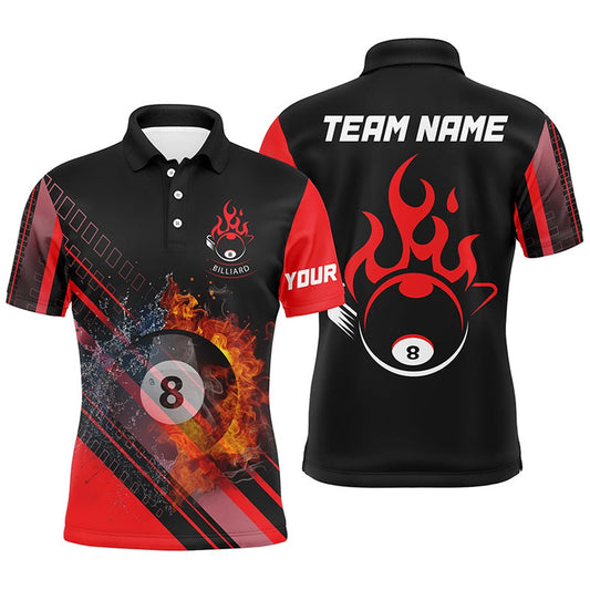 Billiard Polo Shirts, Personalized Red Billiard Jerseys Custom 3D Billiard 8 Ball Fire And Water Polo Shirts, Billiards Team Shirts