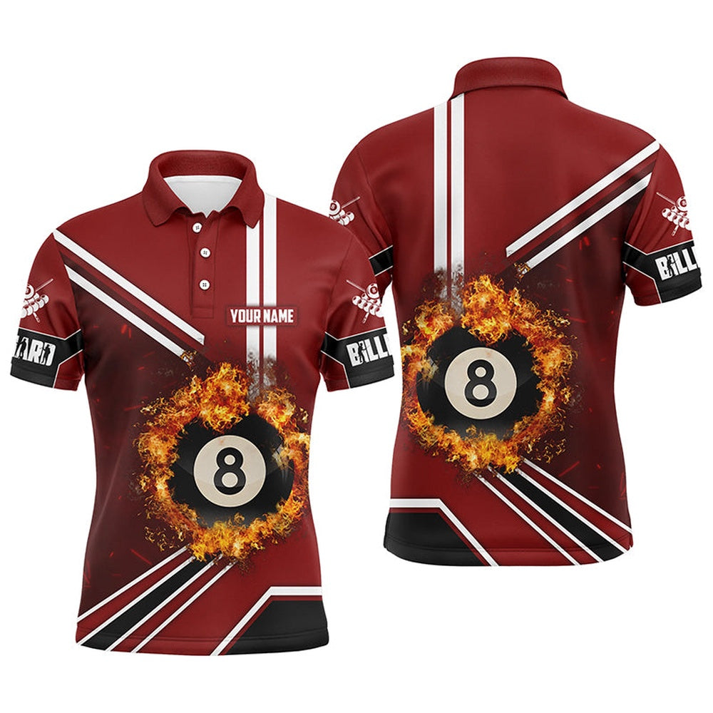 Billiard Polo Shirts, Personalized Red Billiard Pool 8 Ball On Fire 3D Polo Shirts, Custom Pool Billiards Shirts, Billiards Team Shirts