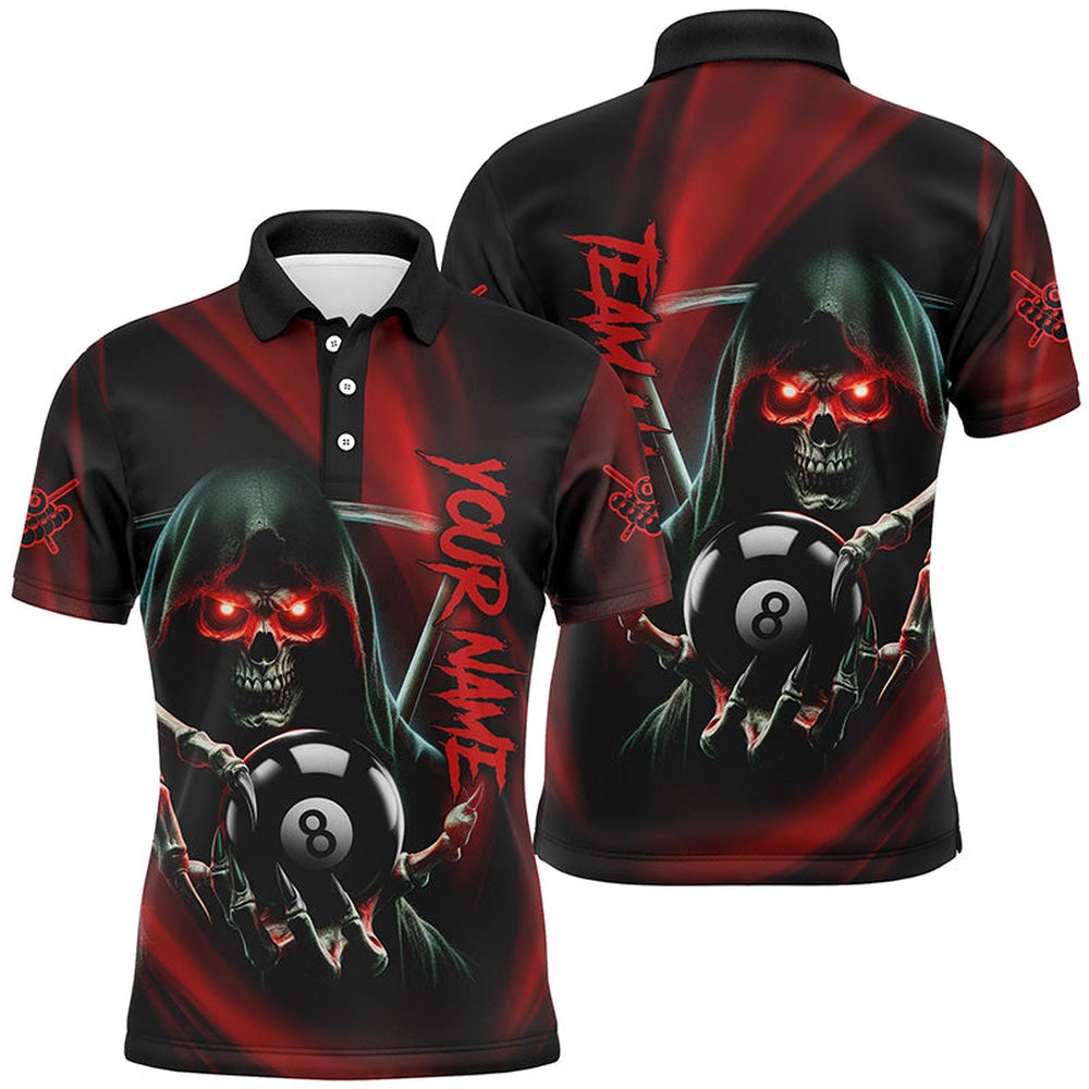 Billiard Polo Shirts, Personalized Red Billiard Reaper Skull Holding 8 Ball Polo Shirts Team League Billiard Jerseys, Billiards Team Shirts