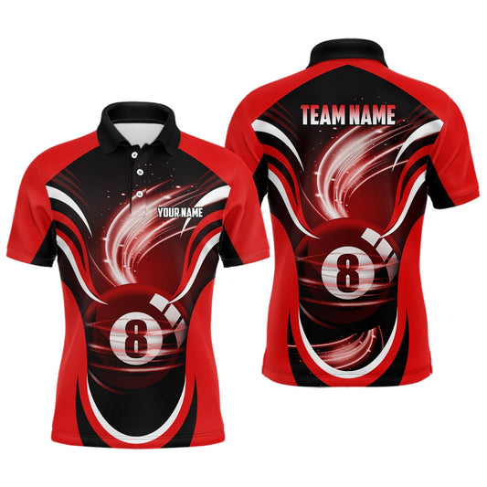 Billiard Polo Shirts, Personalized Red Black 3D 8 Ball Pool Polo Shirts, Custom Billiard 8 Ball Pool Team Shirts, Billiards Team Shirts