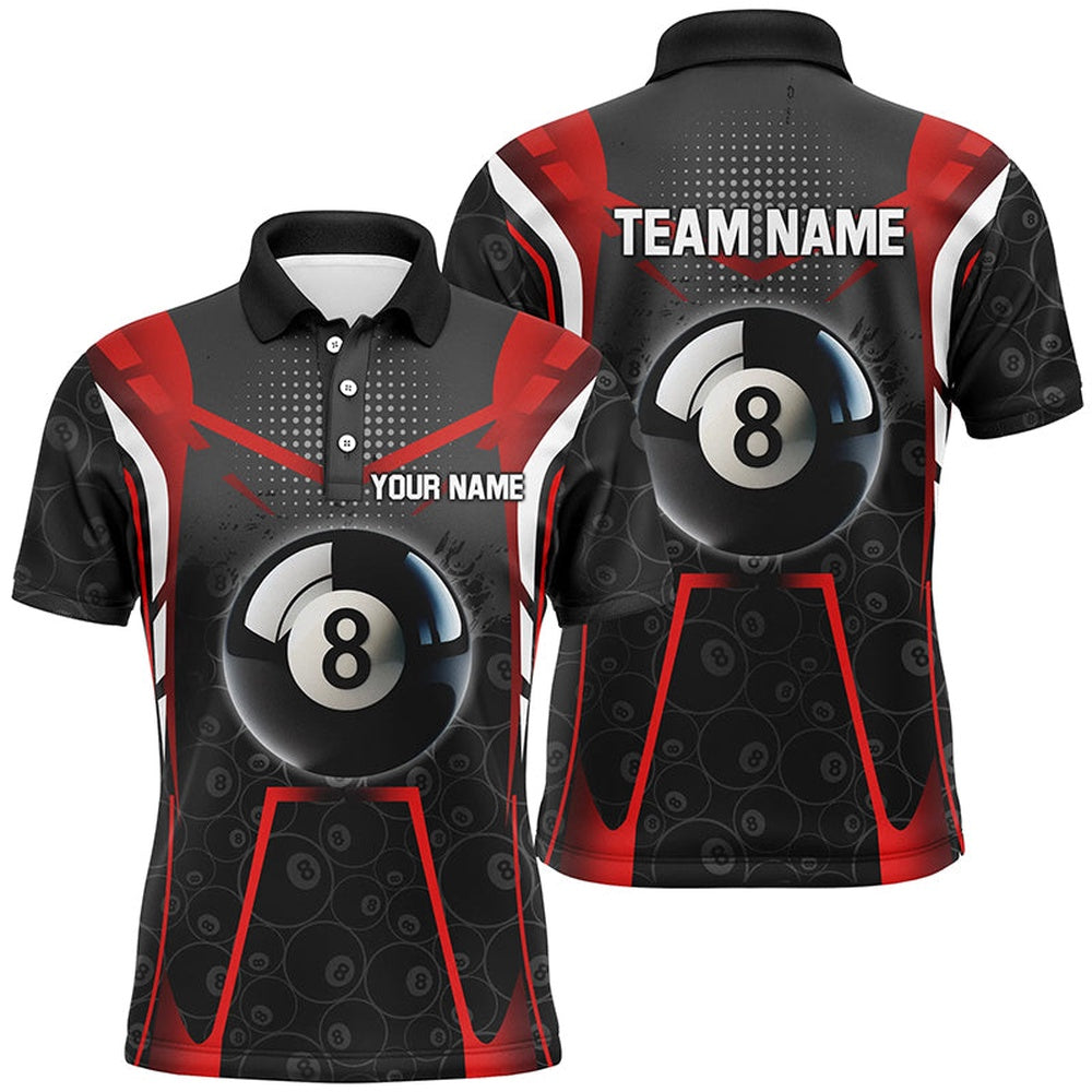Billiard Polo Shirts, Personalized Red Black 8 Ball Billiard 3D Polo Shirts, Custom 8 Ball Pool Pattern Jerseys, Billiards Team Shirts
