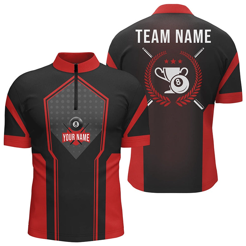 Billiard Polo Shirts, Personalized Red Black 8 Ball Pool Polo Shirts, 8 Ball Trophy Emblem Billiard Shirts, Billiards Team Shirts