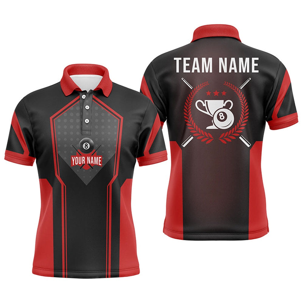 Billiard Polo Shirts, Personalized Red Black 8 Ball Pool Polo Shirts, Custom 8 Ball Trophy Emblem Billiard Shirts, Billiards Team Shirts