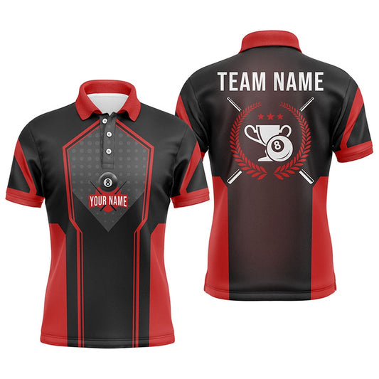 Billiard Polo Shirts, Personalized Red Black 8 Ball Pool Polo Shirts, Custom 8 Ball Trophy Emblem Billiard Shirts, Billiards Team Shirts