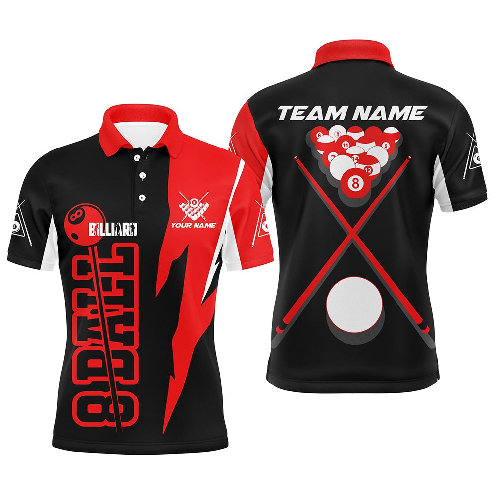 Billiard Polo Shirts, Personalized Red Black 8 Ball Pool Polo Shirts, Custom Billiard Balls 8 Ball Pool Jerseys, Billiards Team Shirts
