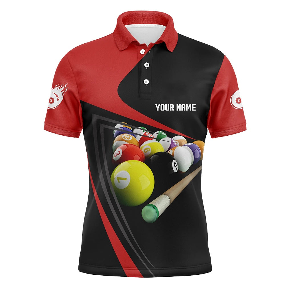 Billiard Polo Shirts, Personalized Red Black Billiard Balls 3D Polo Shirts, Custom Fire 8 Ball Billiard Jerseys, Billiards Team Shirts