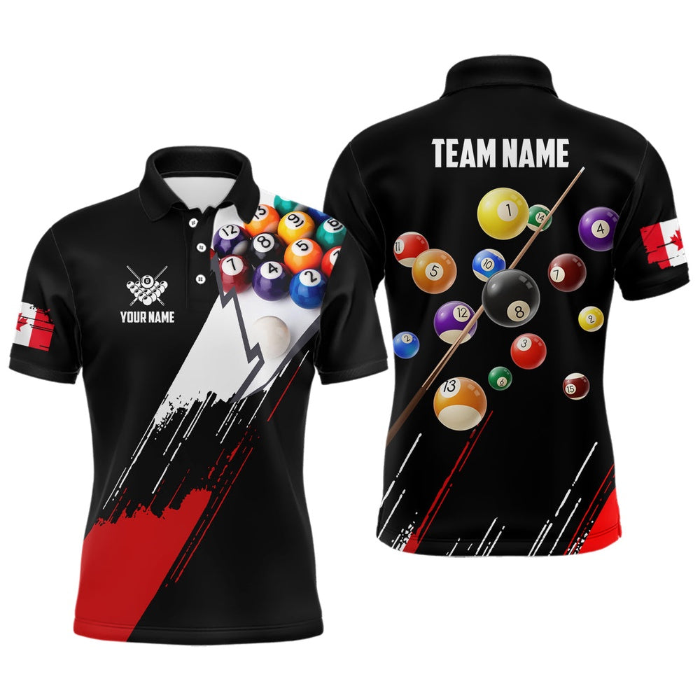 Billiard Polo Shirts, Personalized Red Black Billiard Balls Polo Shirts, Custom Canadian Flag 8 Ball Pool Shirts, Billiards Team Shirts
