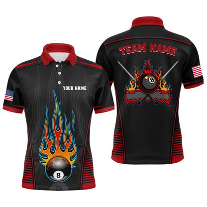 Billiard Polo Shirts, Personalized Red Black Fire 8 Ball Pool Polo Shirts, Custom US Flag Billiard 8 Ball Shirts, Billiards Team Shirts