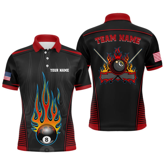 Billiard Polo Shirts, Personalized Red Black Fire 8 Ball Pool Polo Shirts, Custom US Flag Billiard 8 Ball Shirts, Billiards Team Shirts