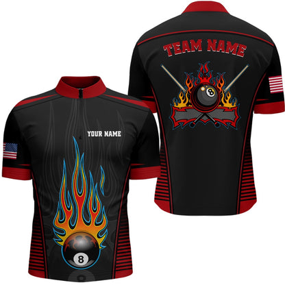 Billiard Polo Shirts, Personalized Red Black Fire 8 Ball Pool Polo Shirts, Custom US Flag Billiard 8 Ball Shirts, Billiards Team Shirts