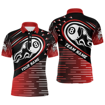 Billiard Polo Shirts, Personalized Red Black Flaming 8 Ball Polo Shirts Best Custom Billiard Team Shirts, Billiards Team Shirts
