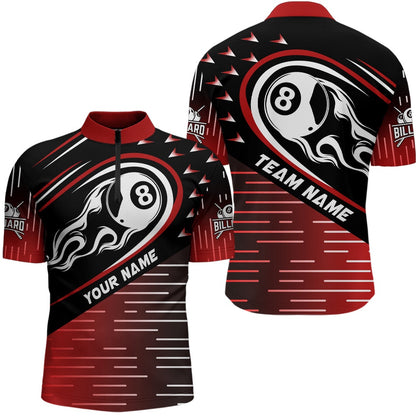 Billiard Polo Shirts, Personalized Red Black Flaming 8 Ball Polo Shirts Best Custom Billiard Team Shirts, Billiards Team Shirts