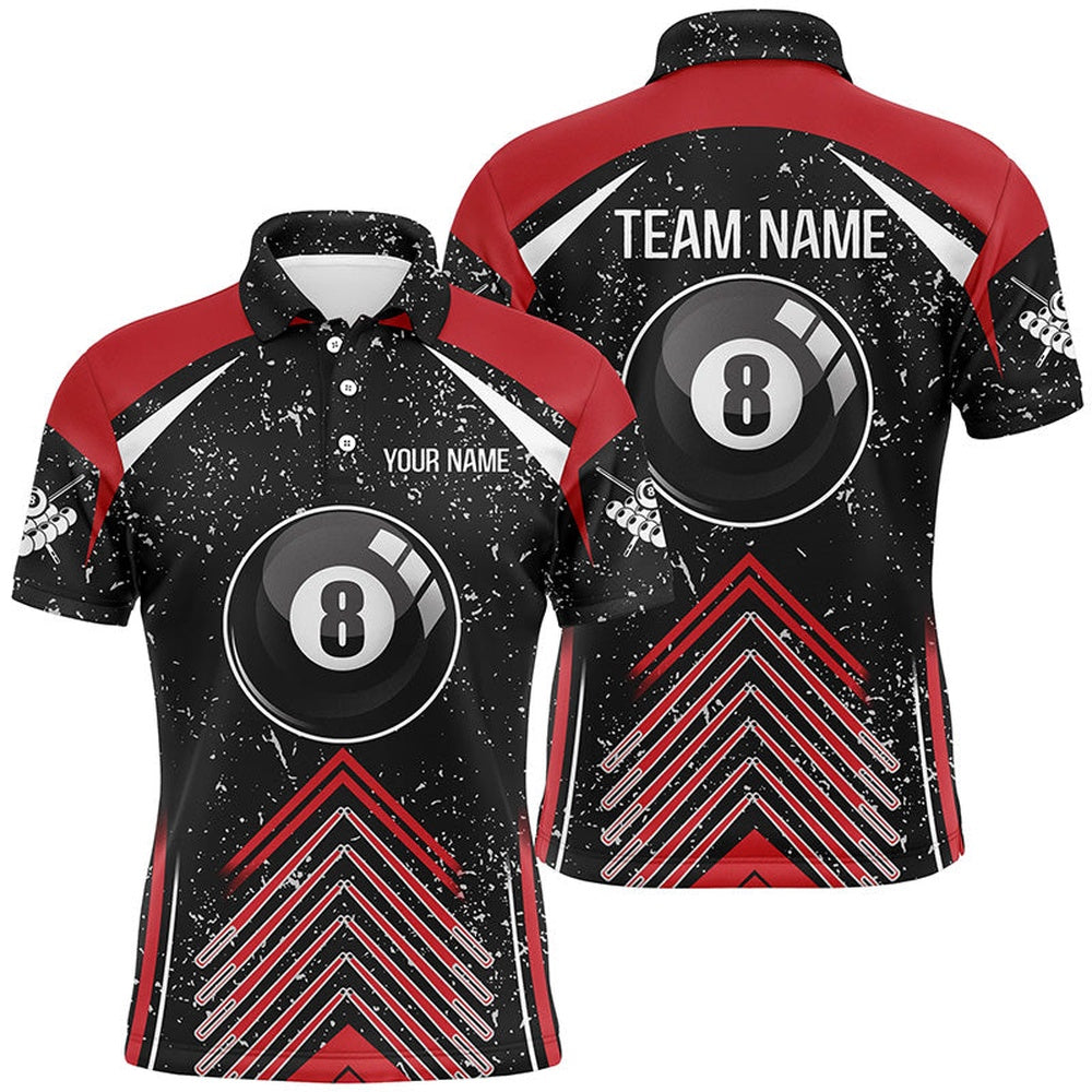 Billiard Polo Shirts, Personalized Red Black Grunge Billiard 8 Ball Pool 3D Polo Shirts, Custom Billiard Jerseys, Billiards Team Shirts