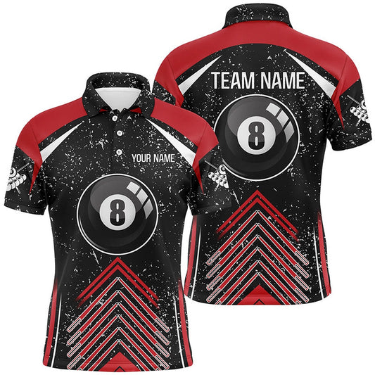 Billiard Polo Shirts, Personalized Red Black Grunge Billiard 8 Ball Pool 3D Polo Shirts, Custom Billiard Jerseys, Billiards Team Shirts