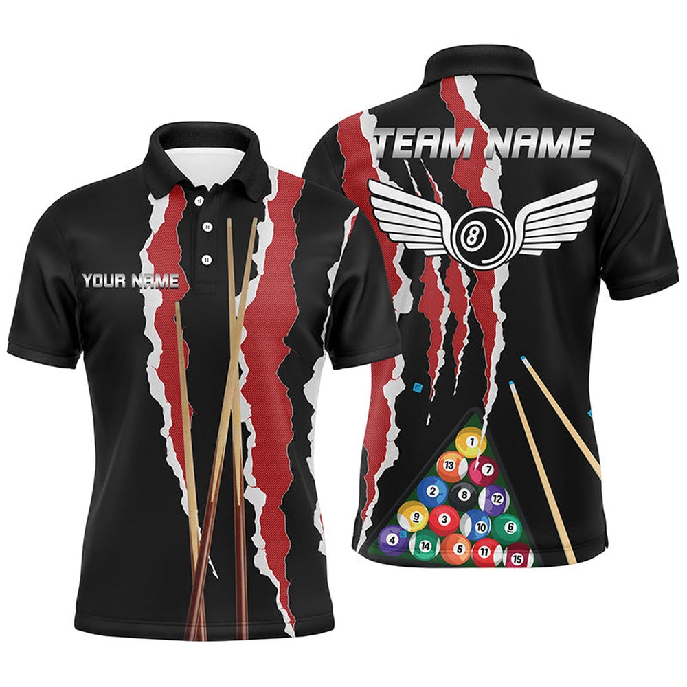Billiard Polo Shirts, Personalized Red Black Sticks Billiard 8 Ball Polo Shirts, Custom Billiard Balls Jerseys, Billiards Team Shirts