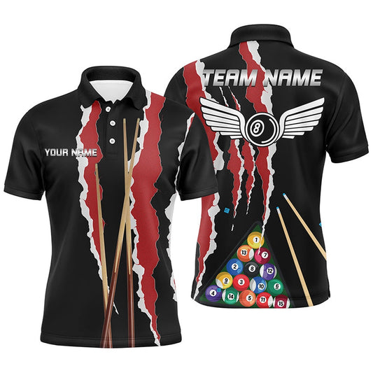 Billiard Polo Shirts, Personalized Red Black Sticks Billiard 8 Ball Polo Shirts, Custom Billiard Balls Jerseys, Billiards Team Shirts