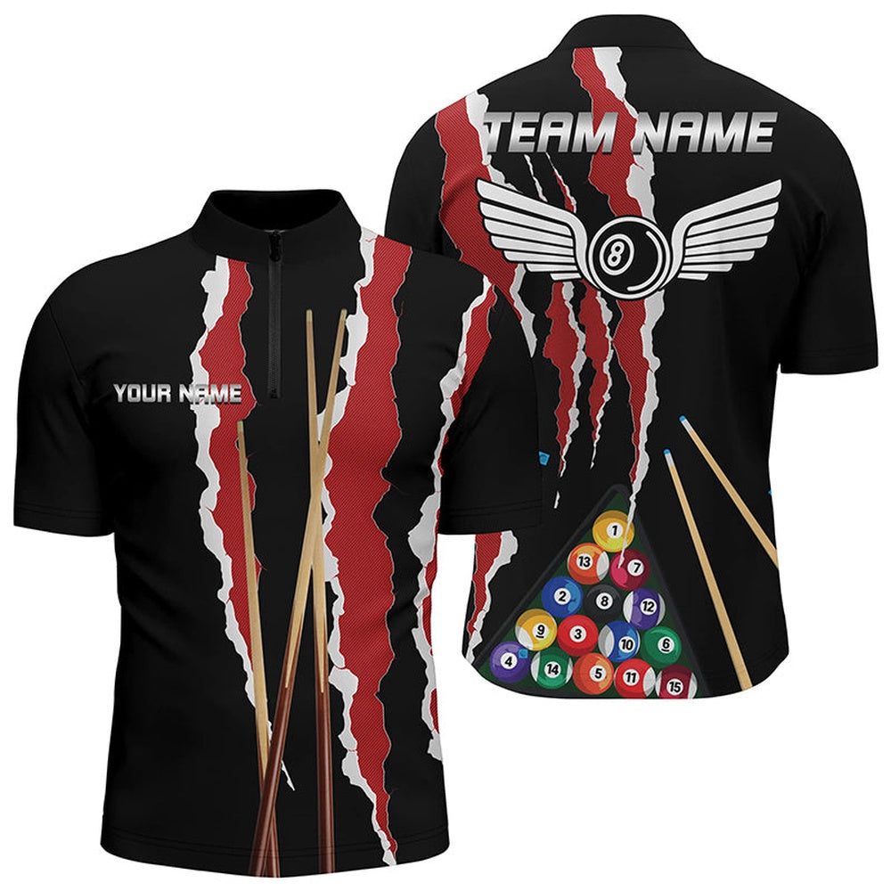 Billiard Polo Shirts, Personalized Red Black Sticks Billiard 8 Ball Polo Shirts, Custom Billiard Balls Jerseys, Billiards Team Shirts