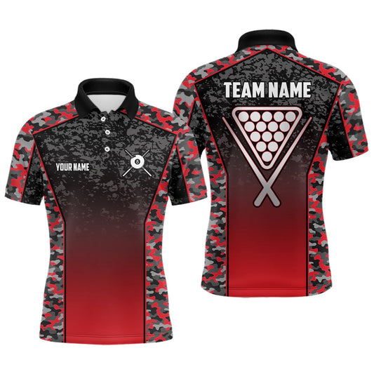 Billiard Polo Shirts, Personalized Red Camo 8 Ball Pool Polo Shirts, Custom 8 Ball Billiard Balls Team Shirts, Billiards Team Shirts