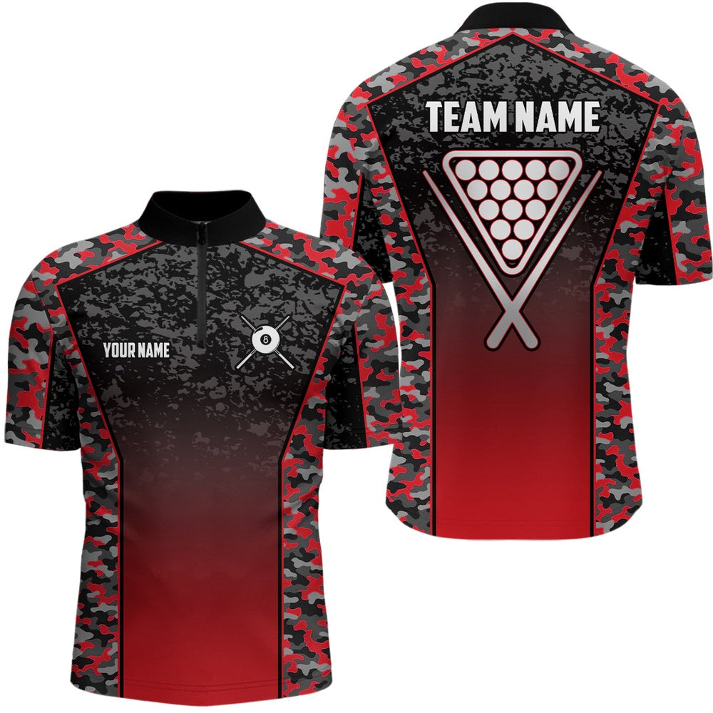 Billiard Polo Shirts, Personalized Red Camo 8 Ball Pool Polo Shirts, Custom 8 Ball Billiard Balls Team Shirts, Billiards Team Shirts