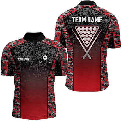 Billiard Polo Shirts, Personalized Red Camo 8 Ball Pool Polo Shirts, Custom 8 Ball Billiard Balls Team Shirts, Billiards Team Shirts