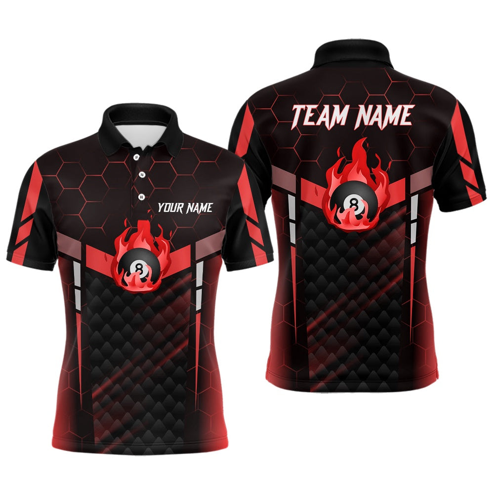 Billiard Polo Shirts, Personalized Red Fire 8 Ball Billiard 3D Polo Shirts, Custom 8 Ball Pool Team Jerseys, Billiards Team Shirts