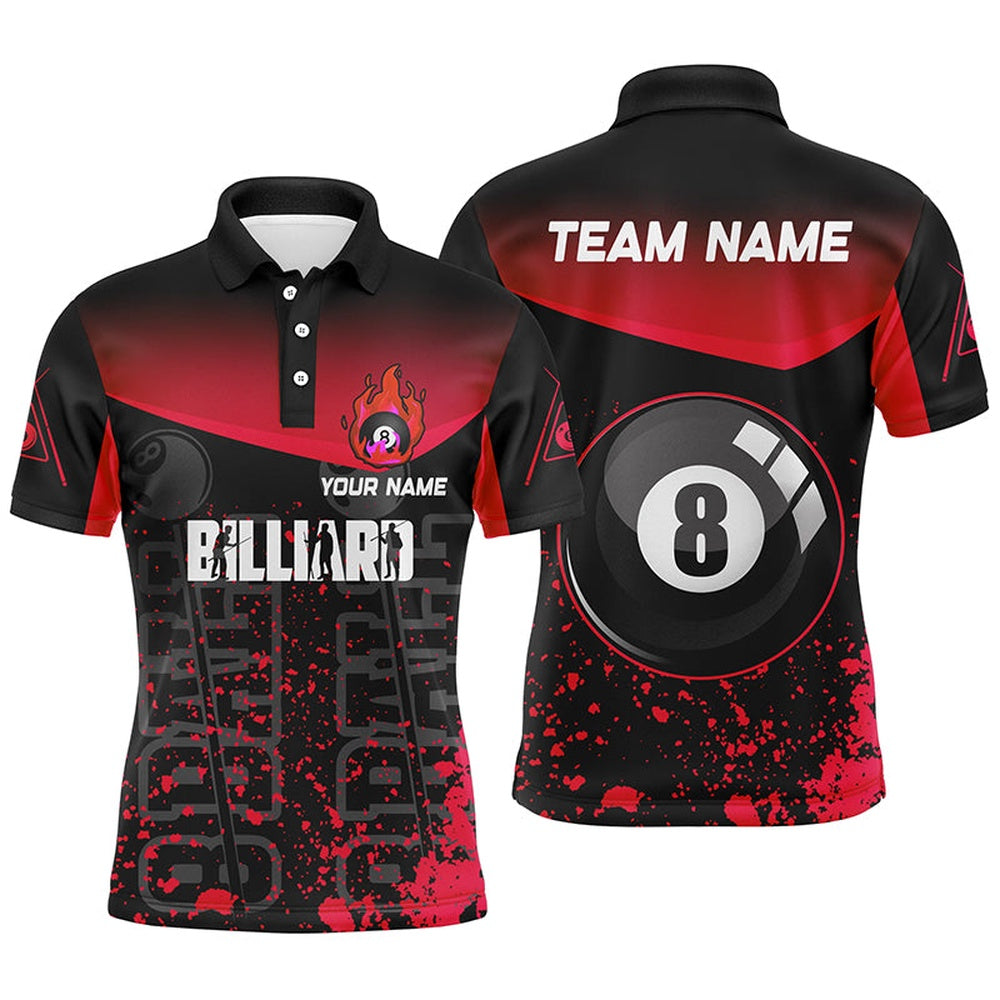 Billiard Polo Shirts, Personalized Red Fire 8 Ball Pool Billiard Polo Shirts, Custom 8 Ball Billiard Team Shirts, Billiards Team Shirts