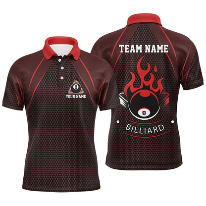 Billiard Polo Shirts, Personalized Red Fire 8 Ball Pool Polo Shirts, Custom Flame 8 Ball Billiard Team Shirts, Billiards Team Shirts