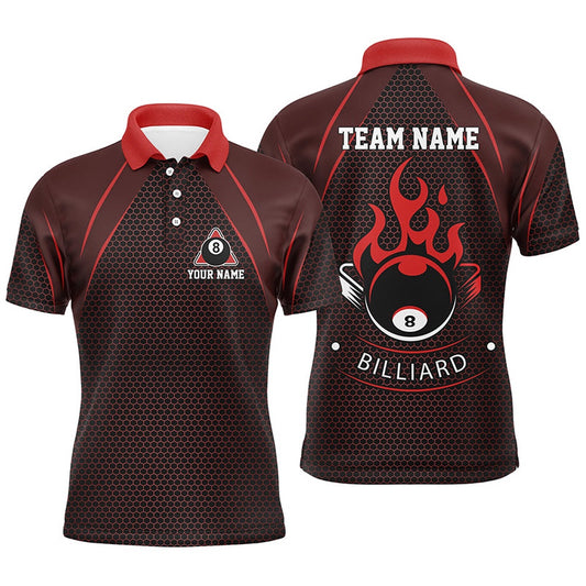 Billiard Polo Shirts, Personalized Red Fire 8 Ball Pool Polo Shirts, Custom Flame 8 Ball Billiard Team Shirts, Billiards Team Shirts