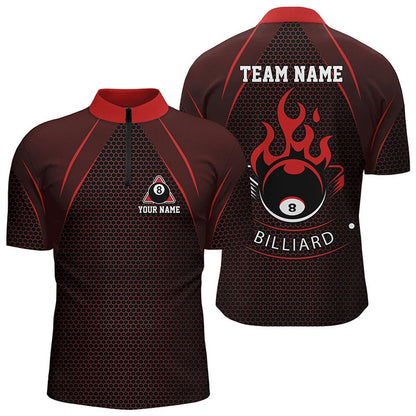 Billiard Polo Shirts, Personalized Red Fire 8 Ball Pool Polo Shirts, Custom Flame 8 Ball Billiard Team Shirts, Billiards Team Shirts