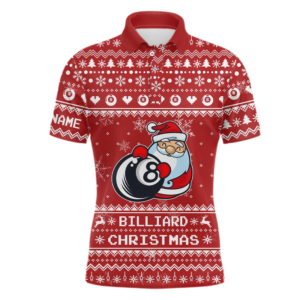 Billiard Polo Shirts, Personalized Red Funny Billiard 8 Ball Pool With Santa Claus Christmas Billiard Polo Shirts, Billiards Team Shirts