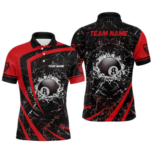 Billiard Polo Shirts, Personalized Red Glass Break 8 Ball Billiard 3D Polo Shirts, Custom 8 Ball Pool Jerseys, Billiards Team Shirts