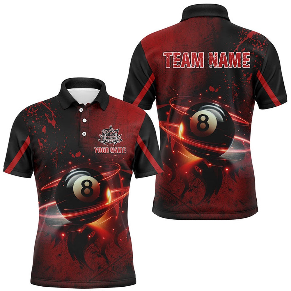 Billiard Polo Shirts, Personalized Red Glowing 8 Ball Pool Custom 3D Printed Billiard Jerseys, Best Billiard Shirts For Team, Billiards Team Shirts