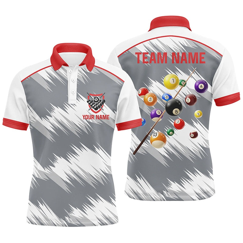 Billiard Polo Shirts, Personalized Red Grey Billiard Balls 3D Polo Shirts, Custom 8 Ball Billiard Team Jerseys, Billiards Team Shirts