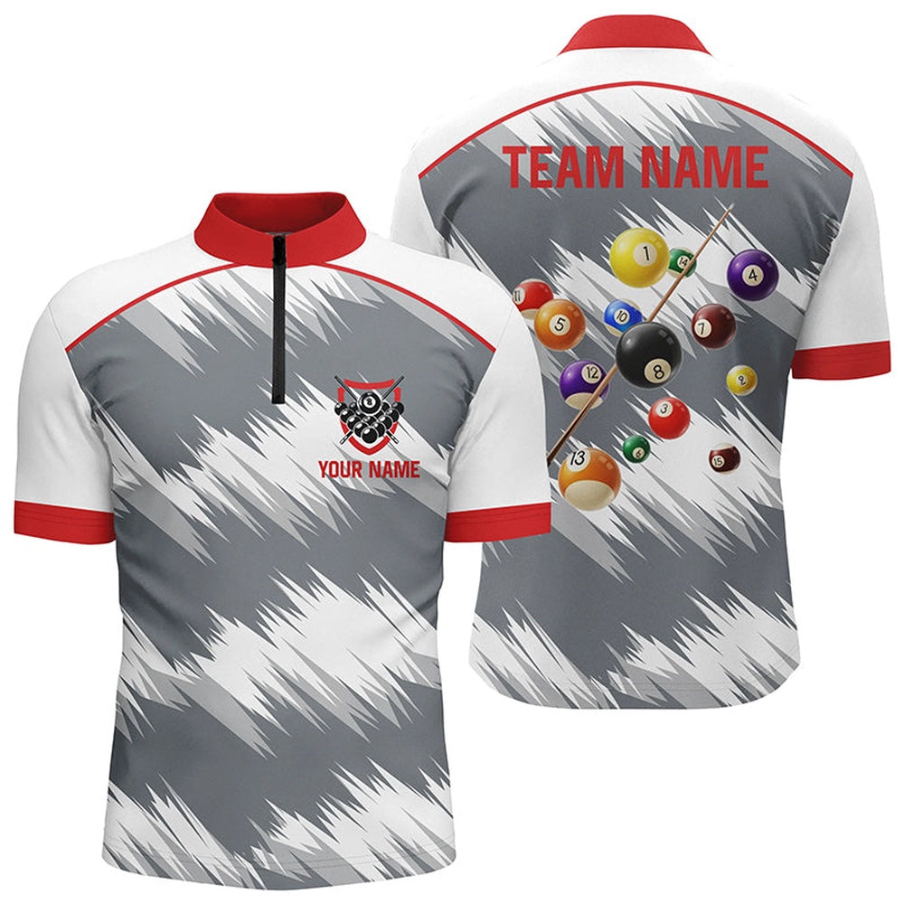 Billiard Polo Shirts, Personalized Red Grey Billiard Balls 3D Polo Shirts, Custom 8 Ball Billiard Team Jerseys, Billiards Team Shirts