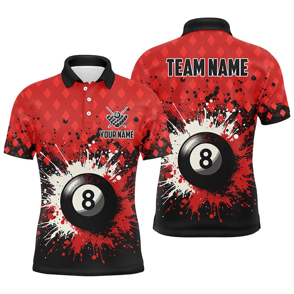 Billiard Polo Shirts, Personalized Red Grunge 8 Ball Pool Billiards Polo Shirts Custom Billiard Team Jerseys Uniform, Billiards Team Shirts