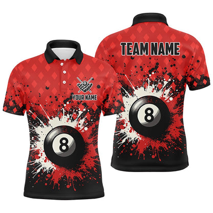 Billiard Polo Shirts, Personalized Red Grunge 8 Ball Pool Billiards Polo Shirts Custom Billiard Team Jerseys Uniform, Billiards Team Shirts
