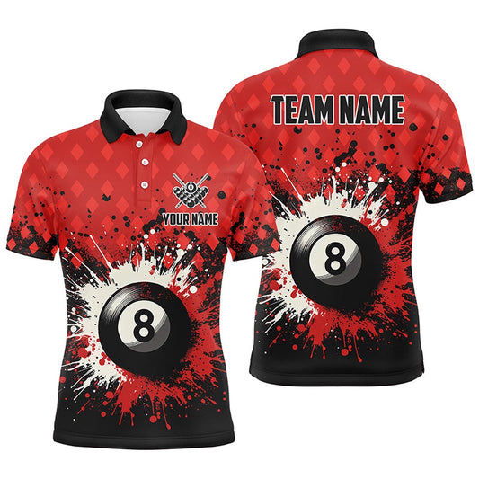 Billiard Polo Shirts, Personalized Red Grunge 8 Ball Pool Billiards Polo Shirts Custom Billiard Team Jerseys Uniform, Billiards Team Shirts