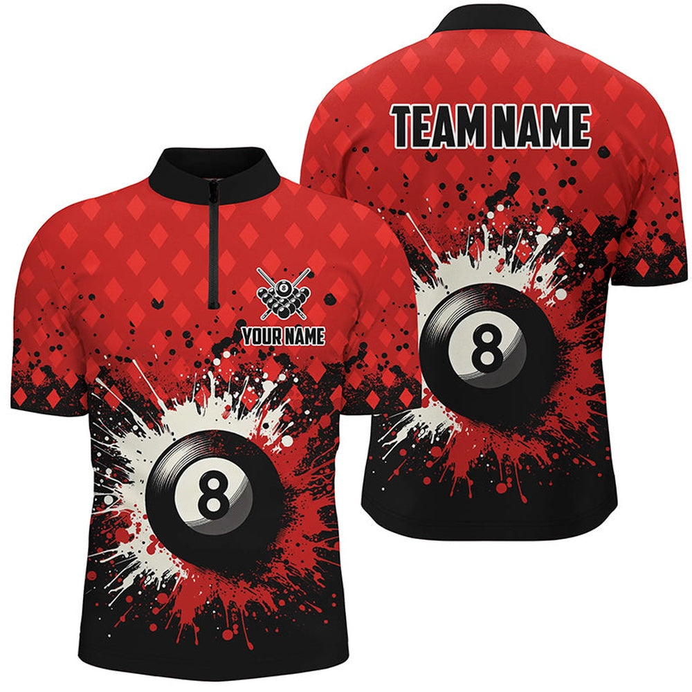 Billiard Polo Shirts, Personalized Red Grunge 8 Ball Pool Billiards Polo Shirts Custom Billiard Team Jerseys Uniform, Billiards Team Shirts