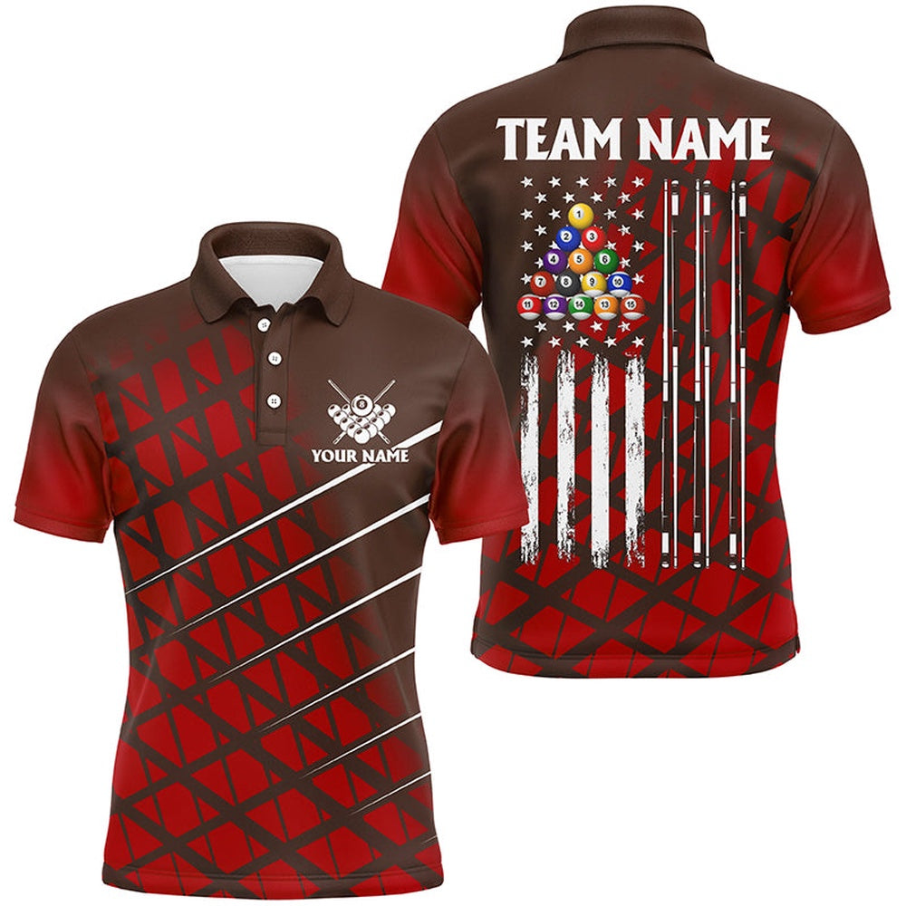 Billiard Polo Shirts, Personalized Red Grunge American Flag Billiard Shirt Custom Patriotic Pool Player Jersey Shirts, Billiards Team Shirts