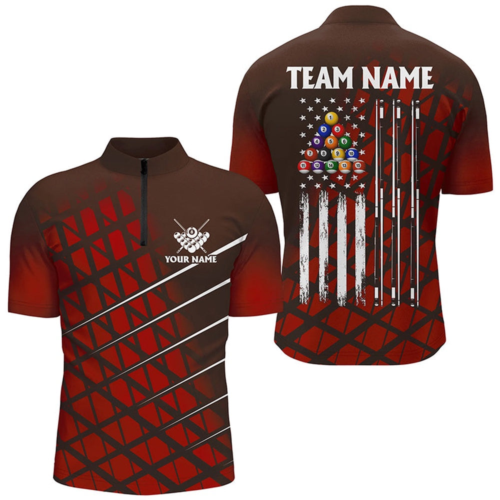 Billiard Polo Shirts, Personalized Red Grunge American Flag Billiard Shirt Custom Patriotic Pool Player Jersey Shirts, Billiards Team Shirts