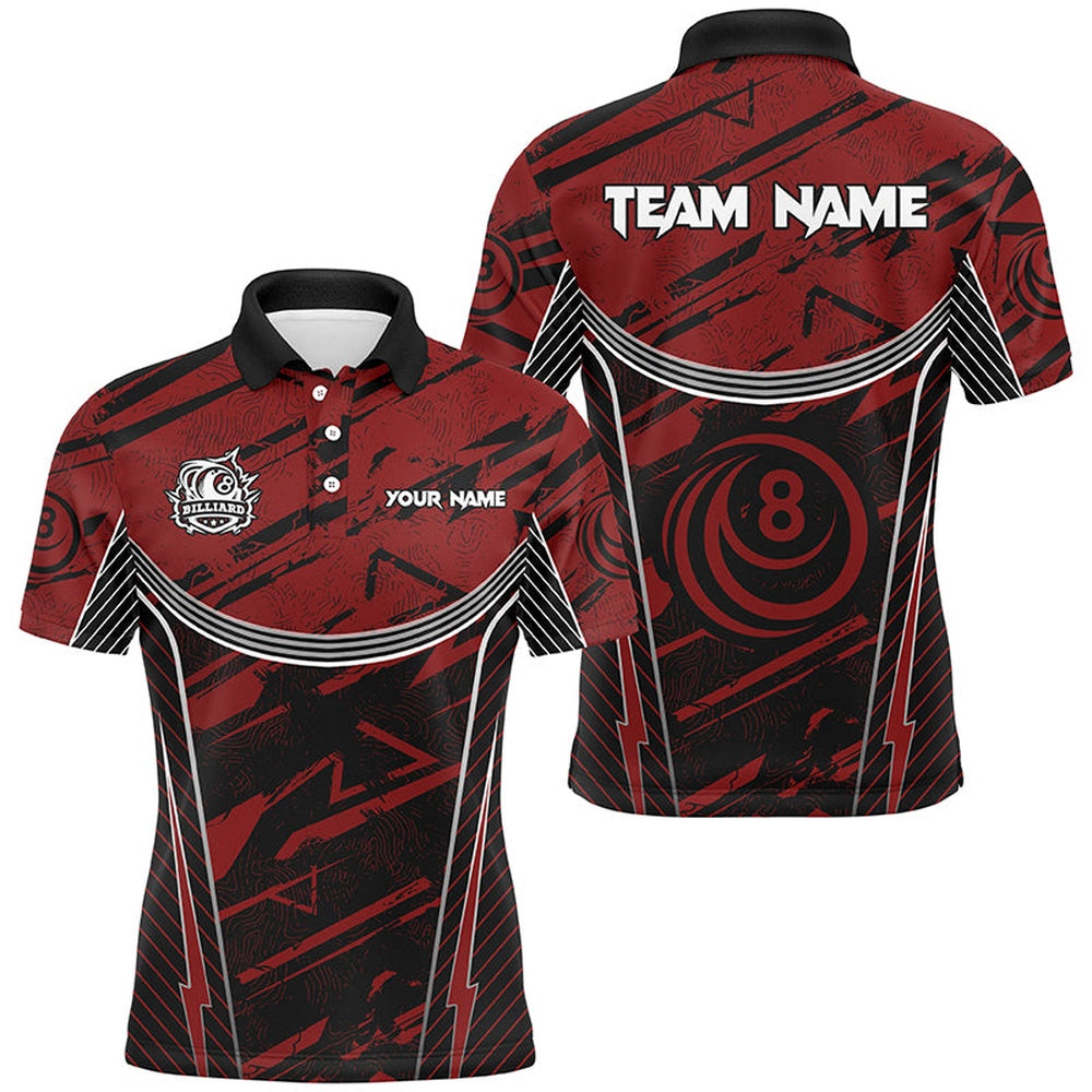 Billiard Polo Shirts, Personalized Red Grunge Billiard Shirts Custom Billiards Ball 8 Jerseys Team Shirts, Billiards Team Shirts