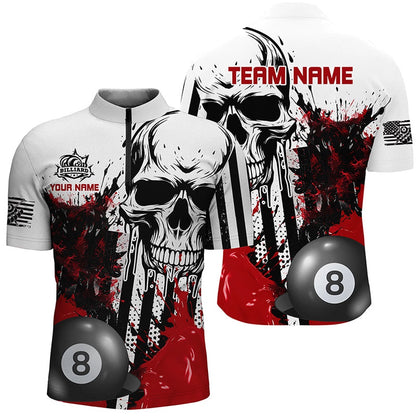 Billiard Polo Shirts, Personalized Red Grunge Skull Billiards Shirts Custom Retro Billiard Team Jerseys Attire, Billiards Team Shirts