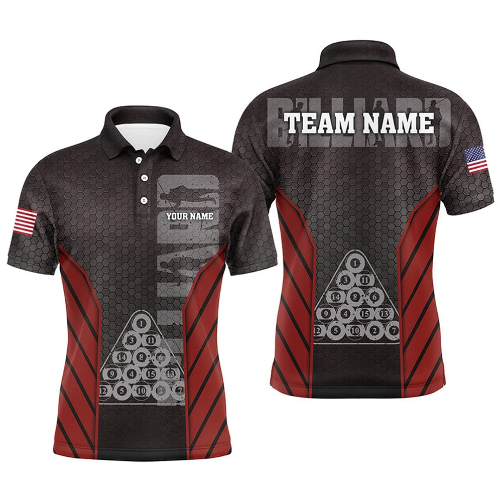Billiard Polo Shirts, Personalized Red Hive Pattern 8 Ball Billiard 3D Polo Shirts, Custom Billiards Jerseys, Billiards Team Shirts