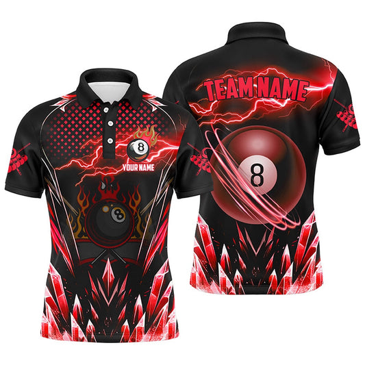 Billiard Polo Shirts, Personalized Red Icy Lightning 8 Ball Pool Polo Shirts Custom Billiard Team League Jersey, Billiards Team Shirts